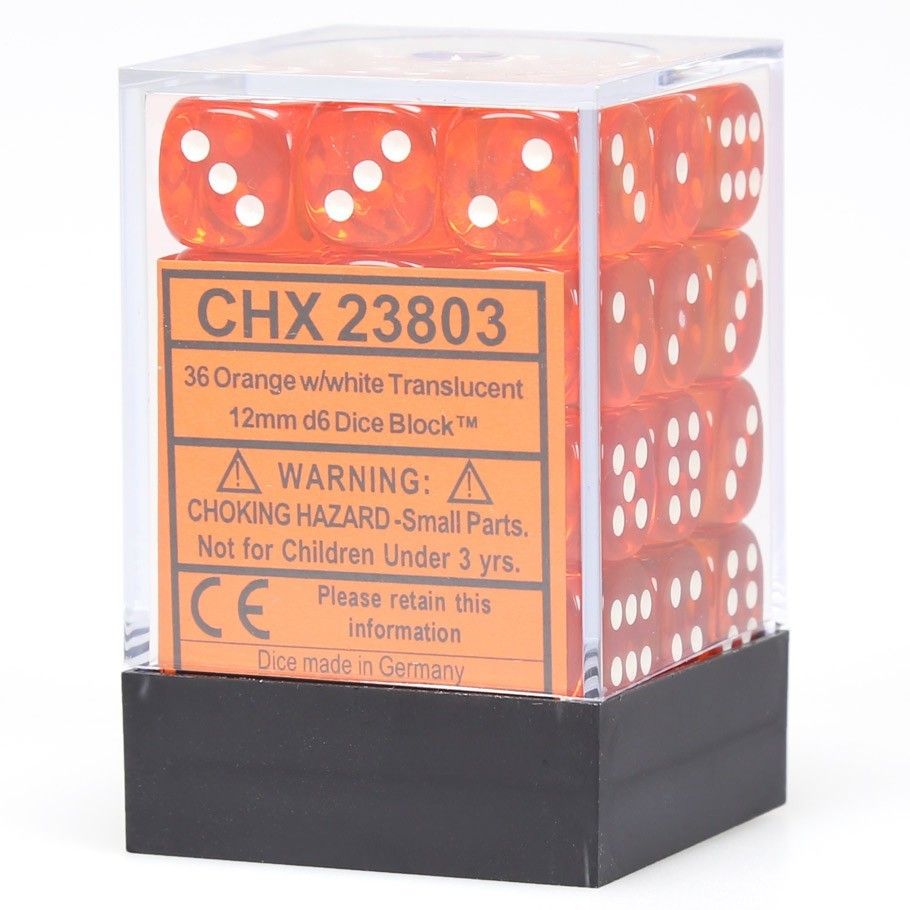 CHX 23803 Translucent 12mm d6 Orange/White Block (36) Chessex Dice Chessex Dice   