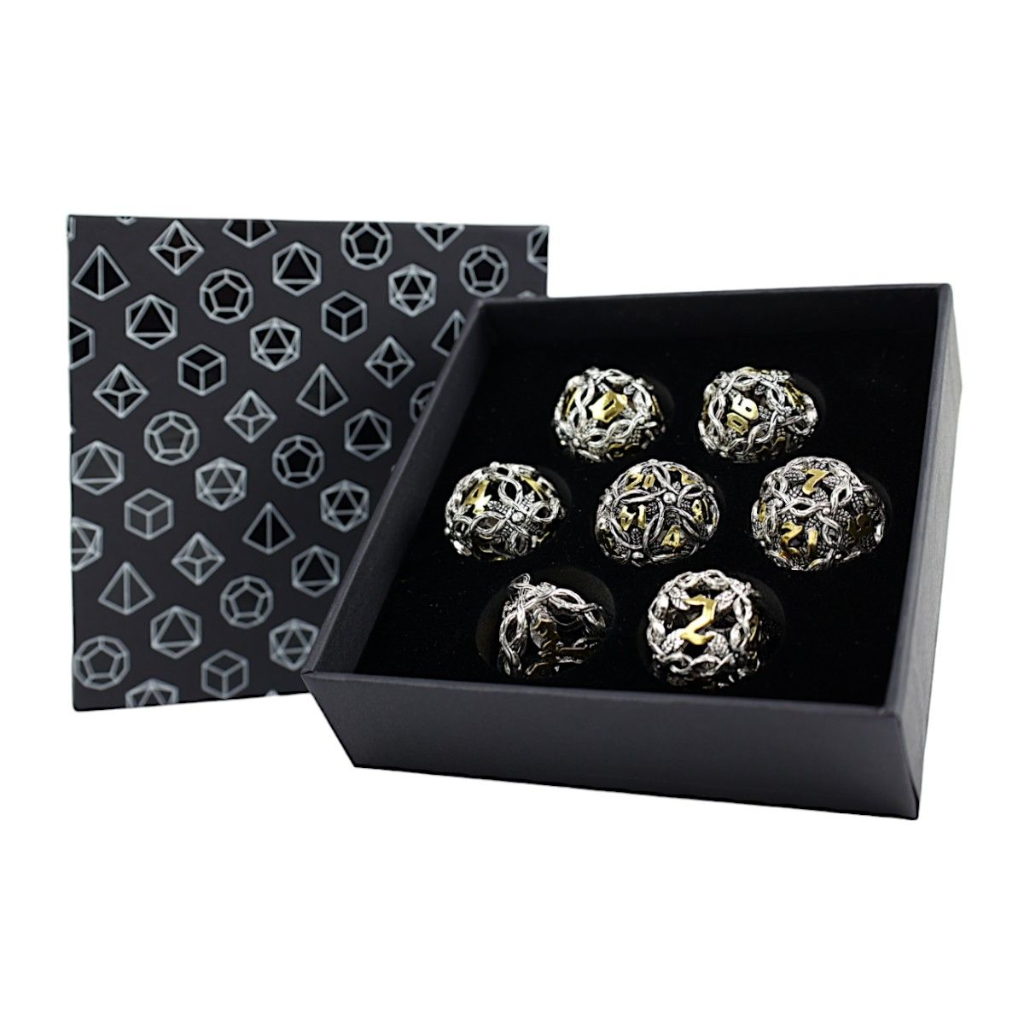 LPG Dice RPG Set Hollow Vines - Chrome and Gold Dice Lets Play Games