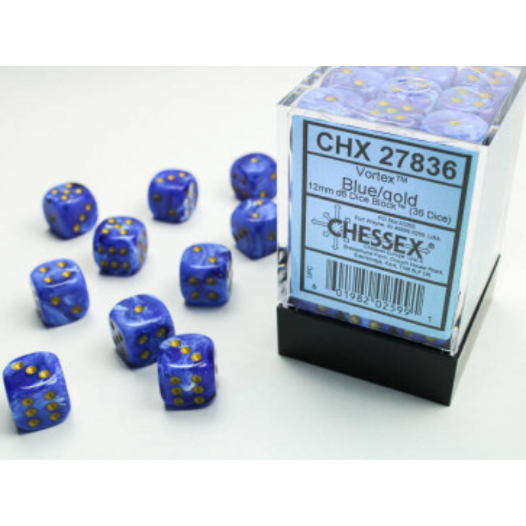Chessex 12mm D6 Dice Block Vortex Blue/Gold Gaming Dice Chessex Dice