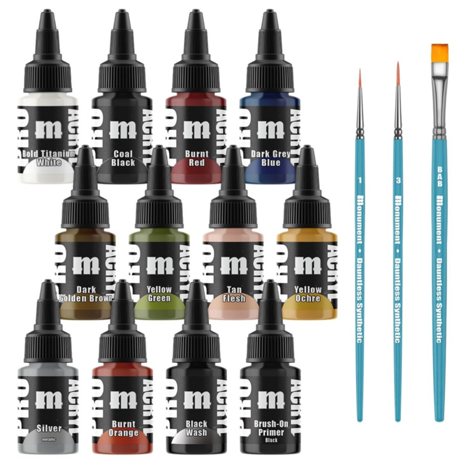 Monument Pro Acryl Sets - Pro Acryl Intro Set - 12 Colors + 3 Synthetic Brushes Monument Pro Acryl Paints Monument Hobbies