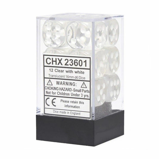 CHX 23601 Translucent 16mm d6 Clear/White Block (12) Chessex Dice Chessex Dice   
