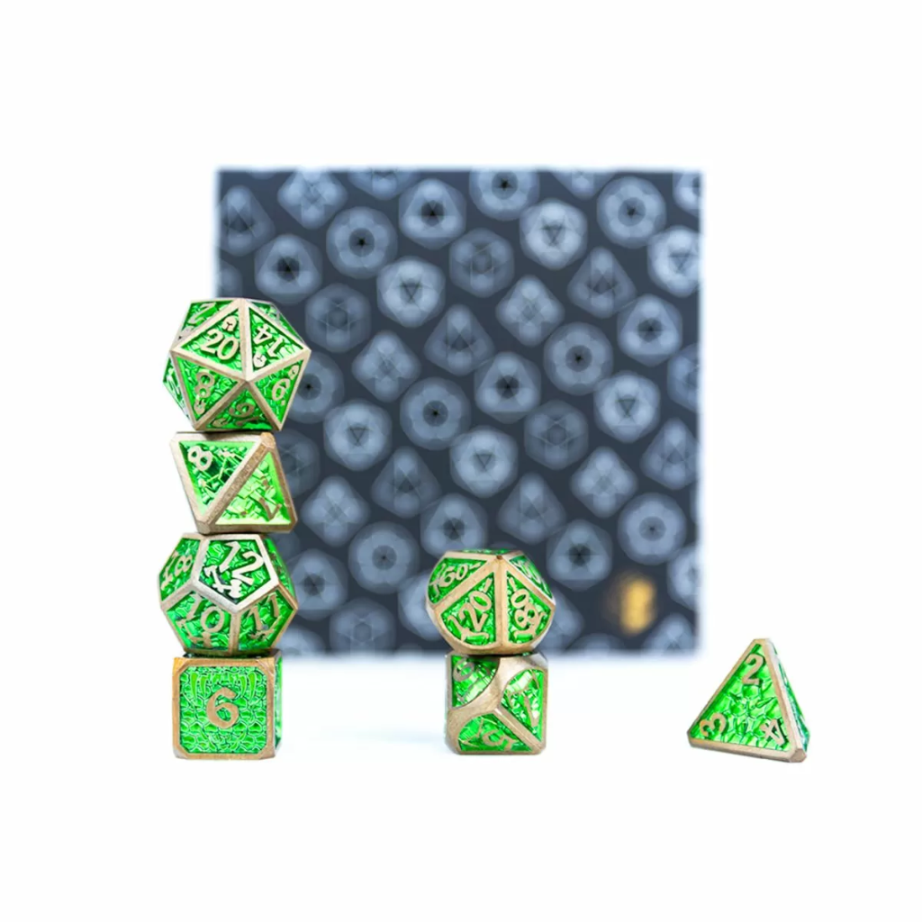 LPG Dice RPG Set Draco Bright Green/Brass Dice Lets Play Games