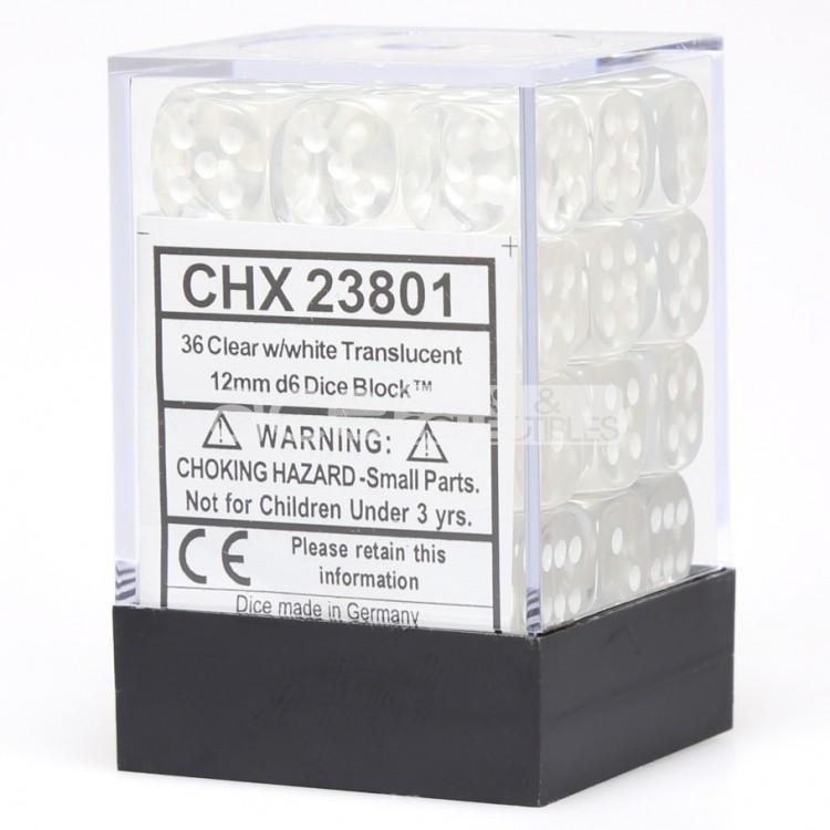 CHX 23801 Translucent 12mm d6 Clear/White Block (36) Chessex Dice Chessex Dice   