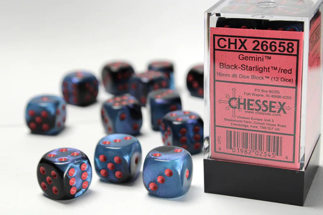 CHX 26658 Gemini 16mm d6 Starlight Black/Red Block (12) Chessex Dice Chessex Dice   