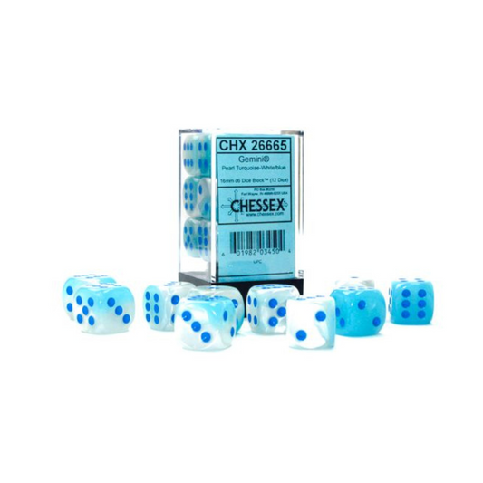 CHX 26665 Gemini 16mm d6 Pearl Turquoise-White/Blue Luminary Block (12) Chessex Dice Chessex Dice Default Title  