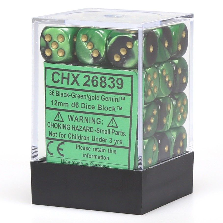 CHX 26839 Gemini 12mm d6 Black-Green/Gold Block (36) Chessex Dice Chessex Dice Default Title  