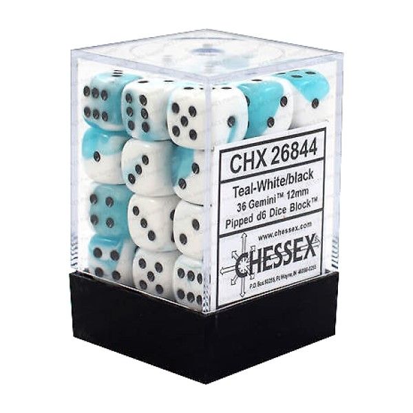 CHX 26844 Gemini 12mm d6 Teal-White/Black Block (36) Chessex Dice Chessex Dice Default Title  