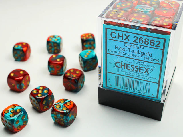 CHX 26862 Gemini 12mm d6 Red Teal/Gold Block (36) Chessex Dice Chessex Dice   