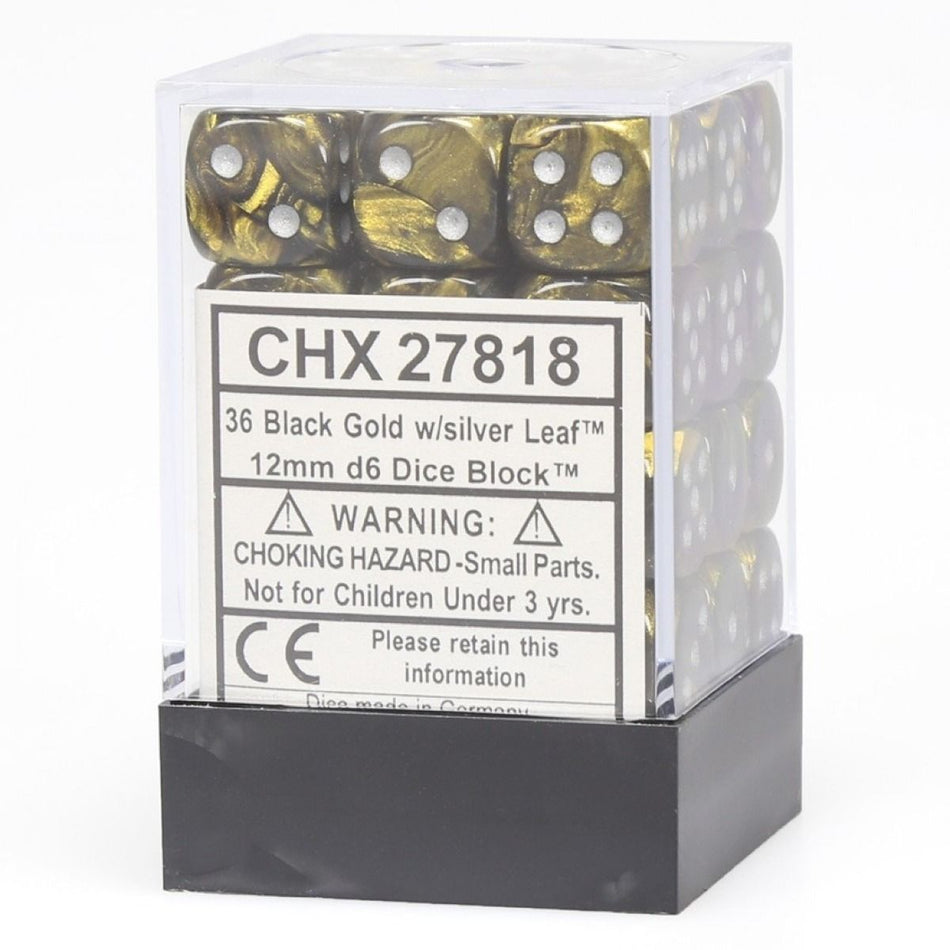 CHX 27818 Leaf 12mm d6 Black Gold/Silver Block (36) Chessex Dice Chessex Dice Default Title  