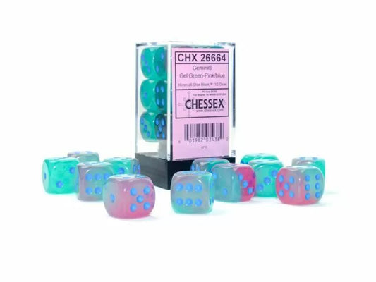 CHX 26664 Gemini 16mm d6 Gel Green-Pink/Blue Luminary Block (12) Chessex Dice Chessex Dice   