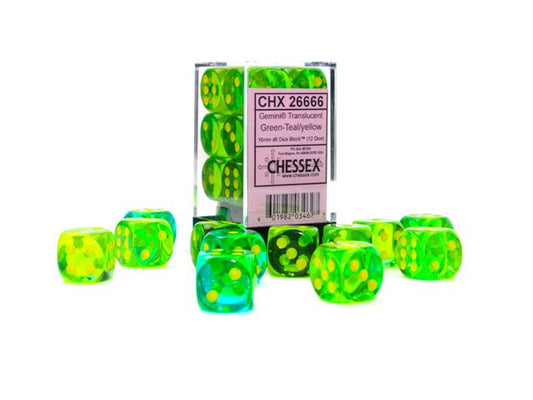CHX 26666 Gemini 16mm d6 Translucent Green-Teal/Yellow Block (12) Chessex Dice Chessex Dice   