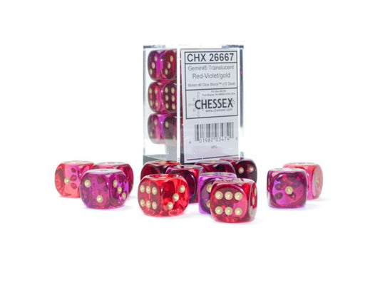 CHX 26667 Gemini 16mm d6 Translucent Red-Violet/Gold Block (12) Chessex Dice Chessex Dice   