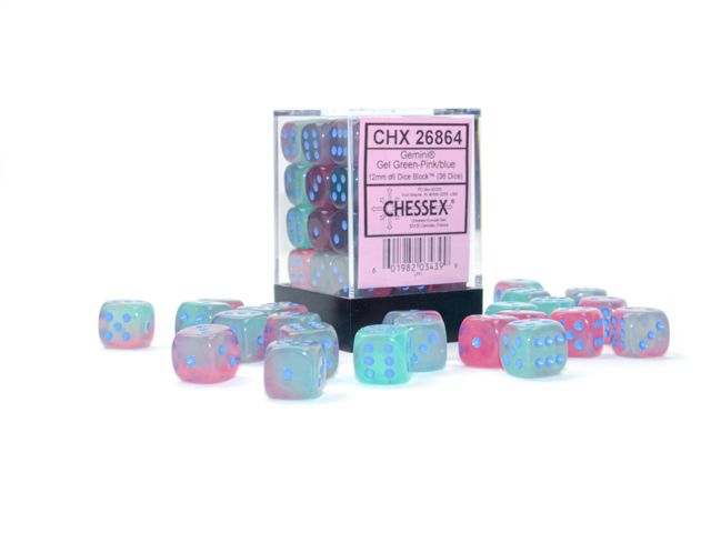 CHX 26864 Gemini 12mm d6 Gel Green-Pink/Blue Luminary Block (36) Chessex Dice Chessex Dice Default Title  
