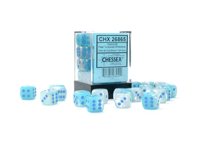 CHX 26865 Gemini 12mm d6 Pearl Turquoise-White/Blue Luminary Block (36) Chessex Dice Chessex Dice Default Title  