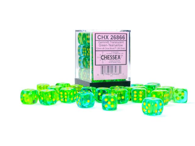 CHX 26866 Gemini 12mm d6 Translucent Green-Teal/Yellow Block (36) Chessex Dice Chessex Dice   