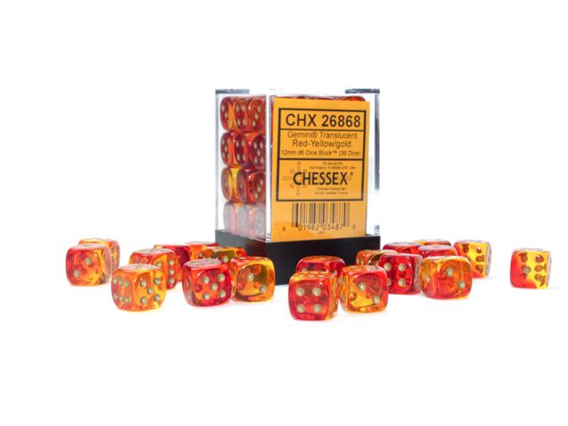 CHX 26868 Gemini 12mm d6 Translucent Red-Yellow/Gold Block (36) Chessex Dice Chessex Dice   