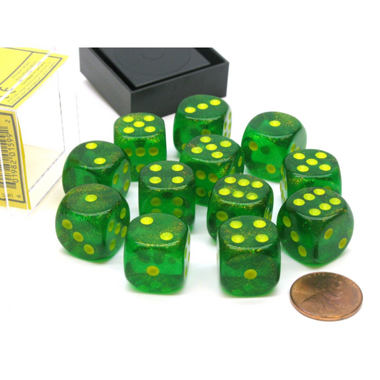 Chessex Borealis 16mm d6 Maple Green/Yellow Block (12) Gaming Dice Chessex Dice   