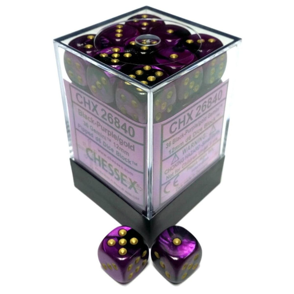 CHX 26840 Gemini 12mm d6 Black-Purple/Gold Block (36) Chessex Dice Chessex Dice Default Title  