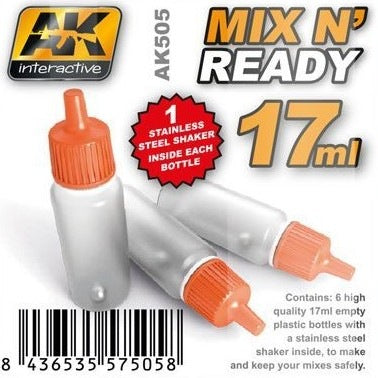 Mix N’ Ready (6 empty bottles with steel ball, 17ml) Paint/Model Supplies AK Interactive   