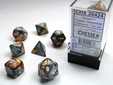 Chessex Polyhedral 7-Die Set Gemini Copper-Steel/White Gaming Dice Chessex Dice   