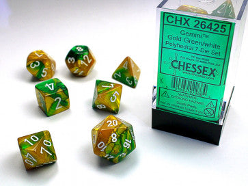 Chessex Polyhedral 7-Die Set Gemini Gold-Green/White Gaming Dice Chessex Dice   