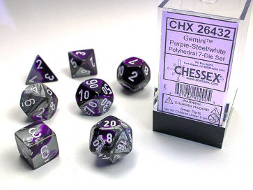 Chessex Polyhedral 7-Die Set Gemini Purple-Steel/White Gaming Dice Chessex Dice   