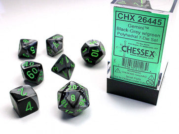 Chessex Polyhedral 7-Die Set Gemini Black-Grey/Green Gaming Dice Chessex Dice   