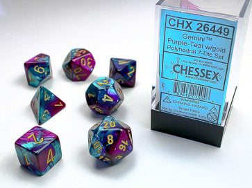 Chessex Polyhedral 7-Die Set Gemini Purple-Teal/Gold Gaming Dice Chessex Dice   