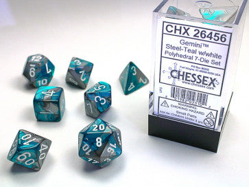 Chessex Polyhedral 7-Die Set Gemini Steel-Teal/White Gaming Dice Chessex Dice   