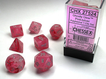 Chessex Polyhedral 7-Die Set Ghostly Glow Pink/Silver Gaming Dice Chessex Dice   