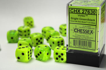 Chessex 16mm D6 Dice Block Vortex Bright Green/Black Gaming Dice Chessex Dice   