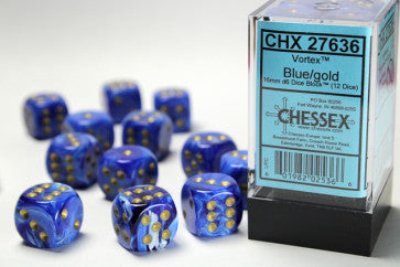 Chessex 16mm D6 Dice Block Vortex Blue/Gold Gaming Dice Chessex Dice   