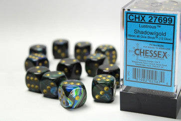 Chessex 16mm D6 Dice Block Lustrous Shadow/Gold Gaming Dice Chessex Dice   