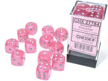 Chessex 16mm D6 Dice Block Borealis Luminary Pink/Silver Gaming Dice Chessex Dice   