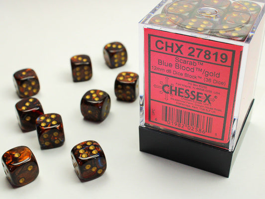 Chessex 12mm D6 Dice Block Scarab Blue Blood/Gold Gaming Dice Chessex Dice   
