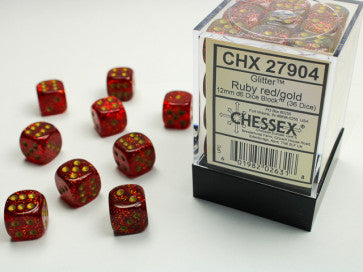 Chessex 12mm D6 Dice Block Glitter Ruby/Gold Gaming Dice Chessex Dice   