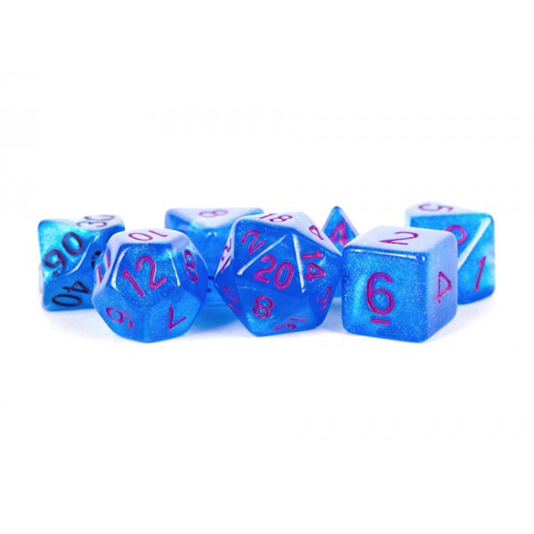MDG 16mm Acrylic Polyhedral Dice Set: Stardust Blue w/ Purple Numbers Gaming Dice All Interactive Distribution   