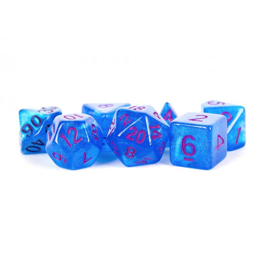 MDG 16mm Acrylic Polyhedral Dice Set: Stardust Blue w/ Purple Numbers Gaming Dice All Interactive Distribution   