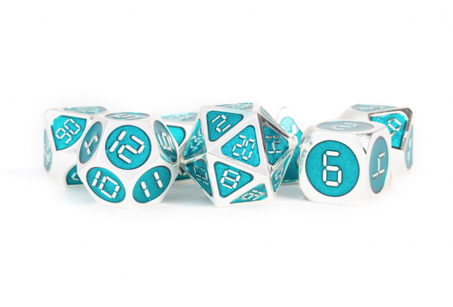MDG 16mm Metal Polyhedral Dice Set: Silver w/ Teal Enamel Gaming Dice All Interactive Distribution   