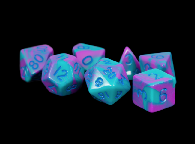 MDG 16mm Acrylic Polyhedral Dice Set: Purple/Teal w/ Blue Numbers Gaming Dice All Interactive Distribution   