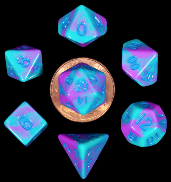 MDG 10mm Mini Polyhedral Dice set: Purple/Teal w/ Blue Numbers Gaming Dice Metallic Dice Games   