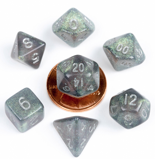 MDG 10mm Mini Polyhedral Dice set: Stardust Gray w/ Silver Numbers Gaming Dice Metallic Dice Games   