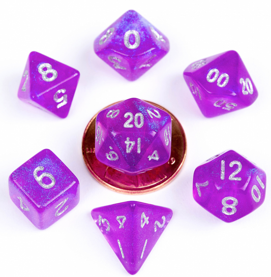 MDG 10mm Mini Polyhedral Dice set: Stardust Purple Gaming Dice Metallic Dice Games   