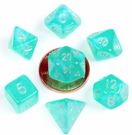 MDG 10mm Mini Polyhedral Dice set: Stardust Turquoise Gaming Dice Metallic Dice Games   