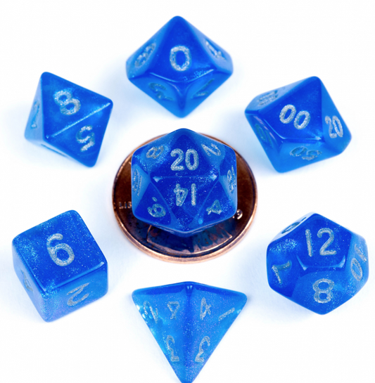 MDG 10mm Mini Polyhedral Dice set: Stardust Blue w/ Silver Numbers Gaming Dice Metallic Dice Games   