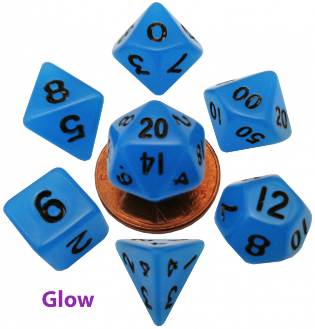 MDG 10mm Mini Polyhedral Dice set: Glow Blue Gaming Dice Metallic Dice Games Default Title  